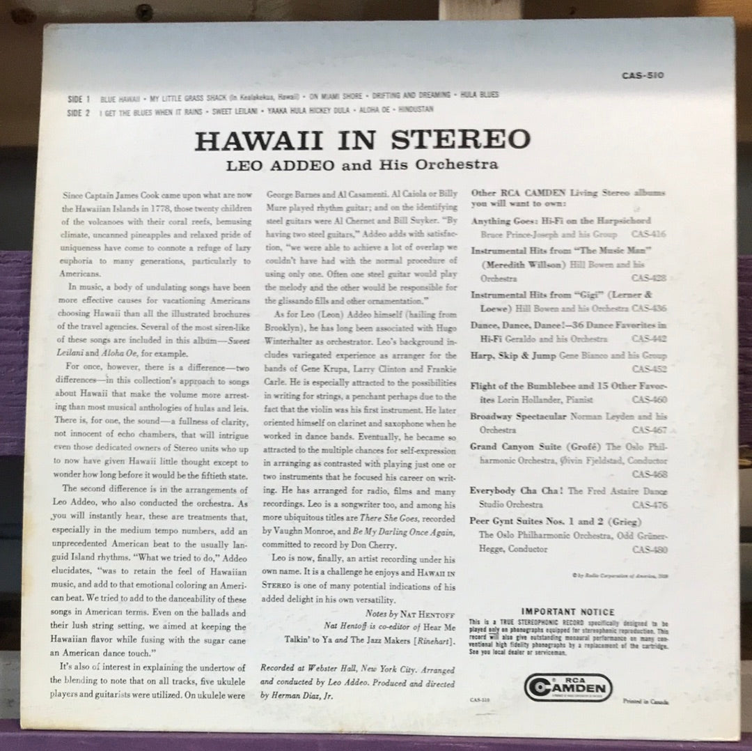 - Leo Addeo And His Orchestra Hawaii In Stereo - Vinyl Record -