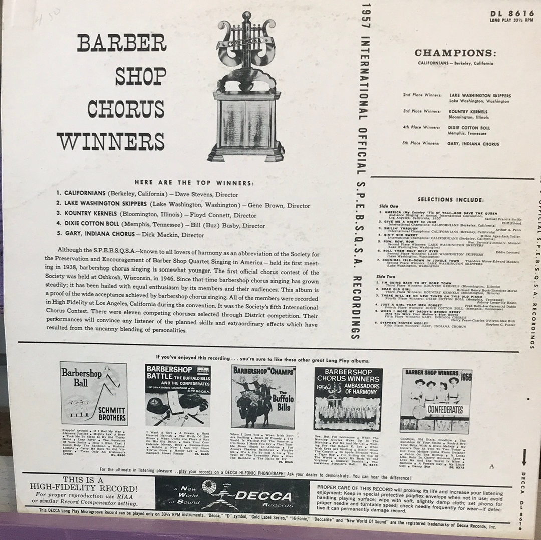 - 1957 International Barbershop Chorus Winners - Vinyl Record -