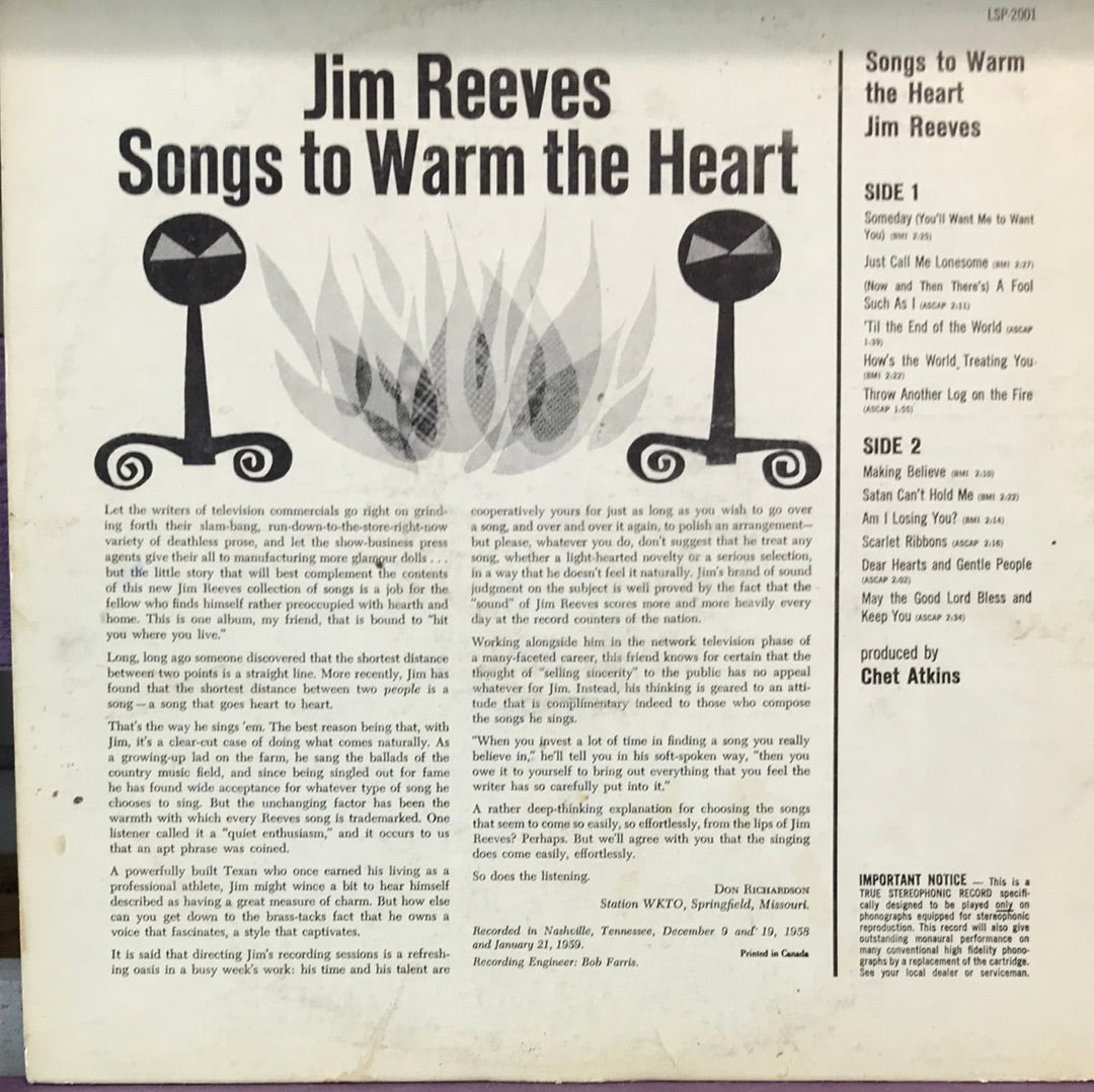 - Jim Reeves - Songs to Warm the Heart - Vinyl Record -