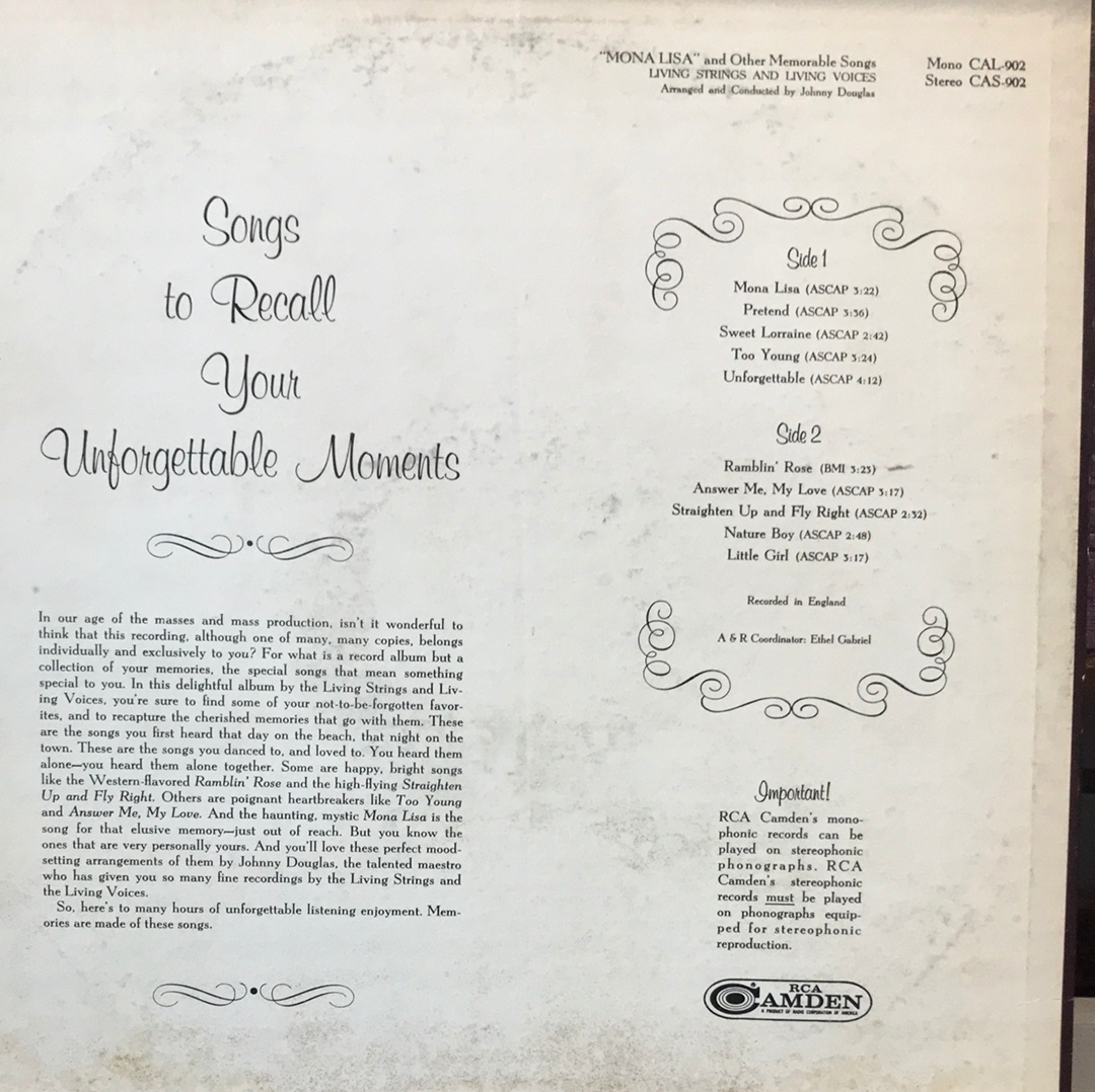 - Living Strings & Living Voices - Mona Lisa & other Memorable Songs - Vinyl Record -