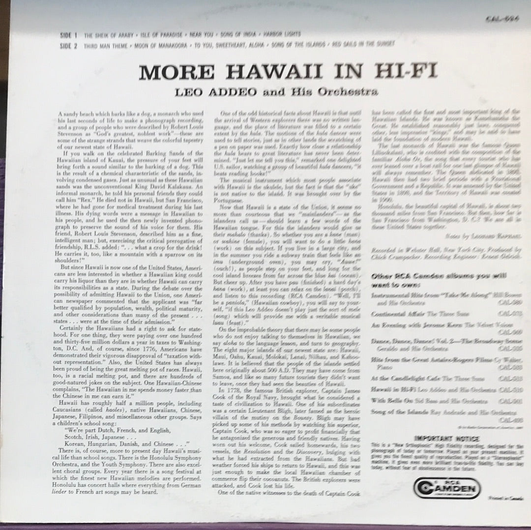 Leo Addeo And His Orchestra more Hawaii in Hi - Fi - Vinyl Record - 33