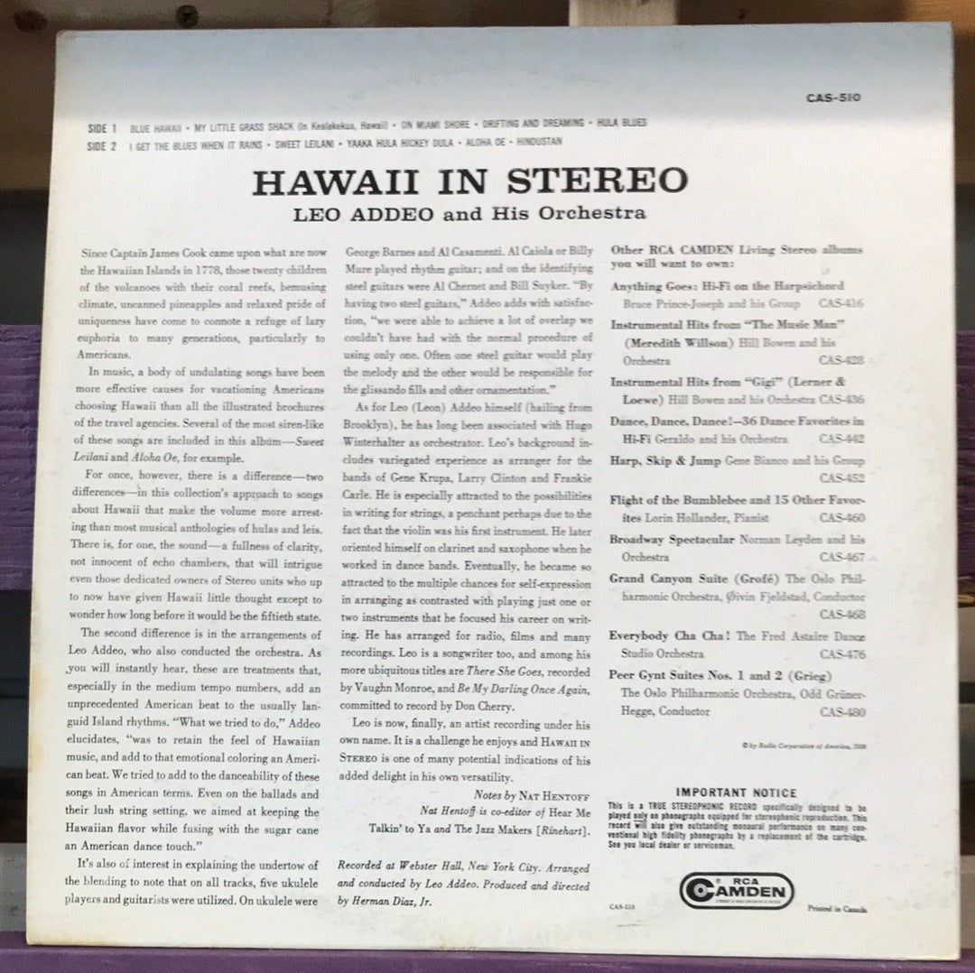 Leo Addeo And His Orchestra Hawaii In Stereo - Vinyl Record - 33