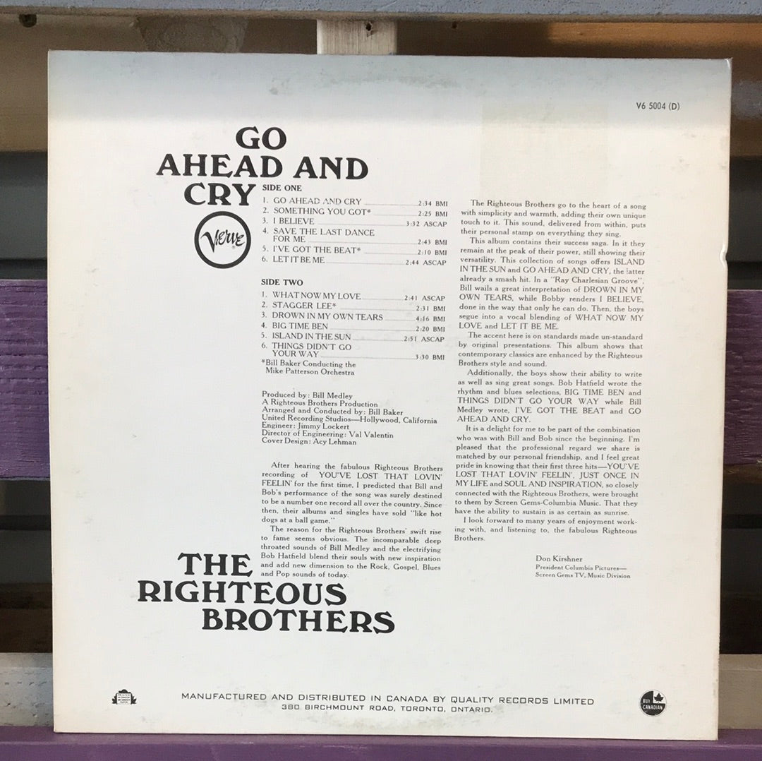 The Righteous Brothers - Go Ahead And Cry - Vinyl Record - 33
