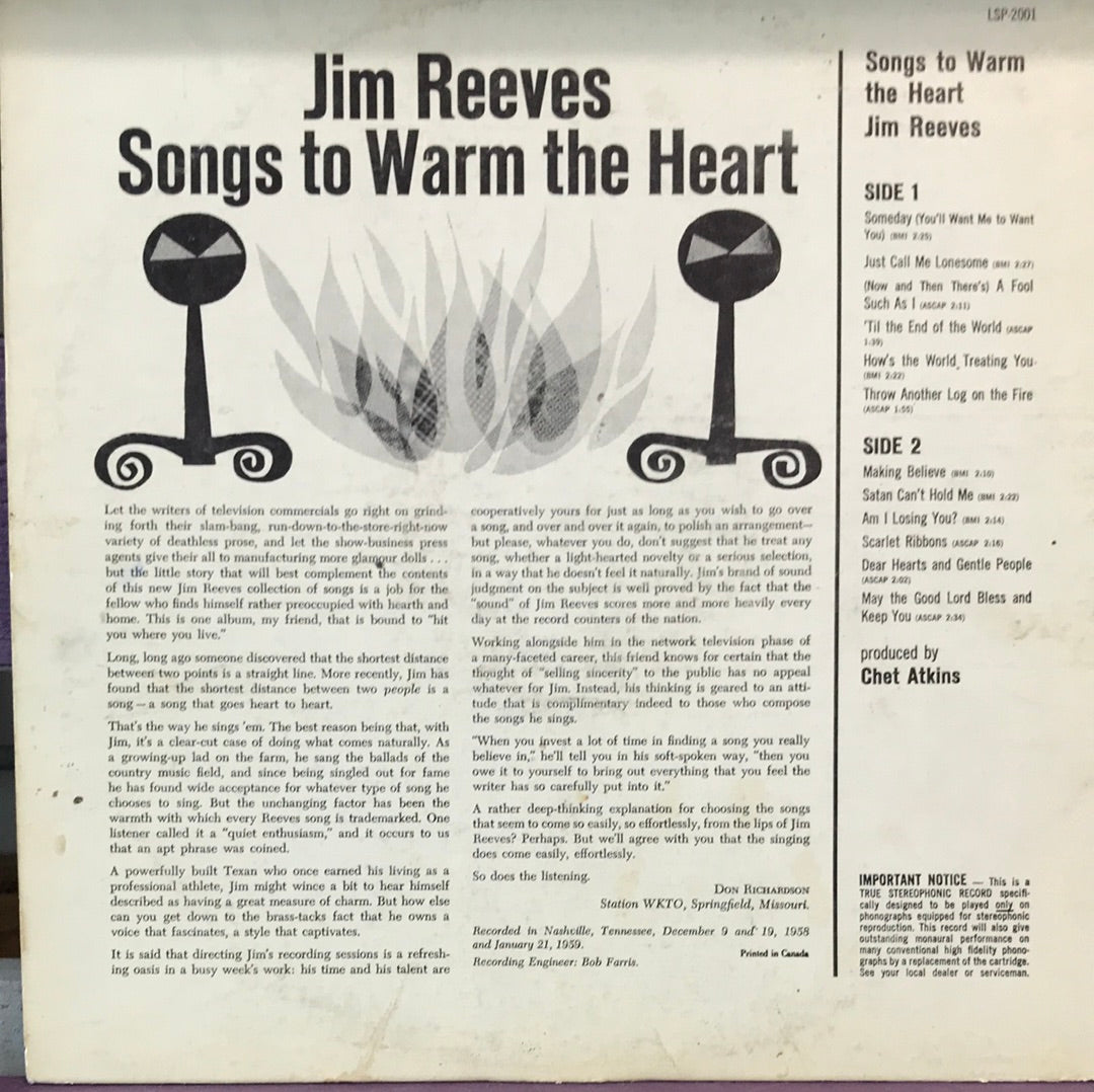 Jim Reeves - Songs to Warm the Heart - Vinyl Record - 33